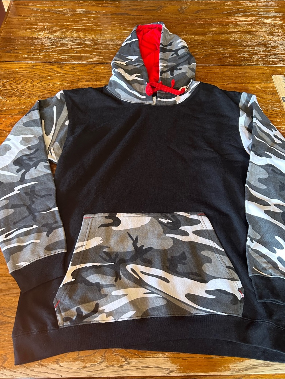 Black & Gray Camo Pullover Hoodie with Red Lining